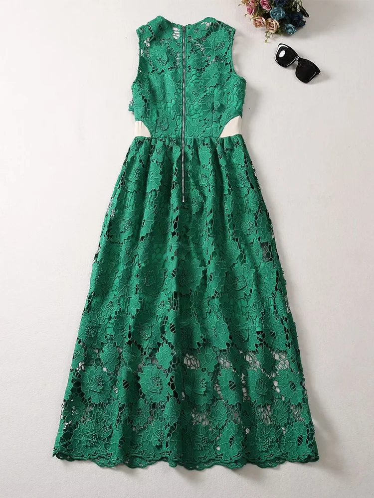 

Дизайнерское летнее кружевное платье с вышивкой, женское зеленое платье, праздничное платье средней длины без рукавов, XXL, 2023