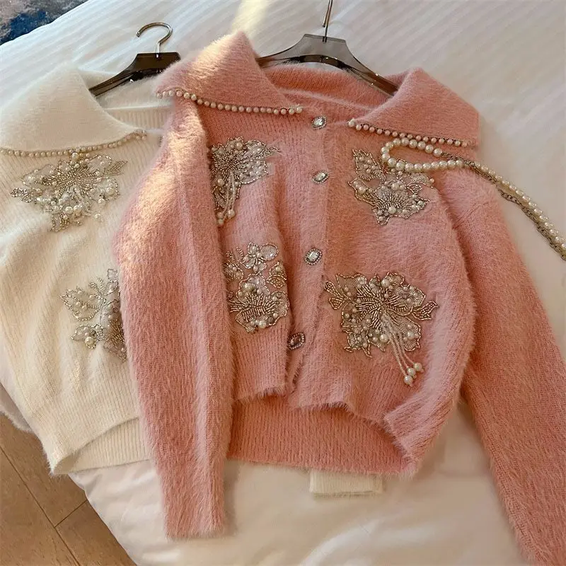 

Luxury Women Doll Collar Mink Cashmere Rhinestones Sweater Coat Mohair Pearls Beaded Knitted Cardigan Velvet Diamonds Plush Tops