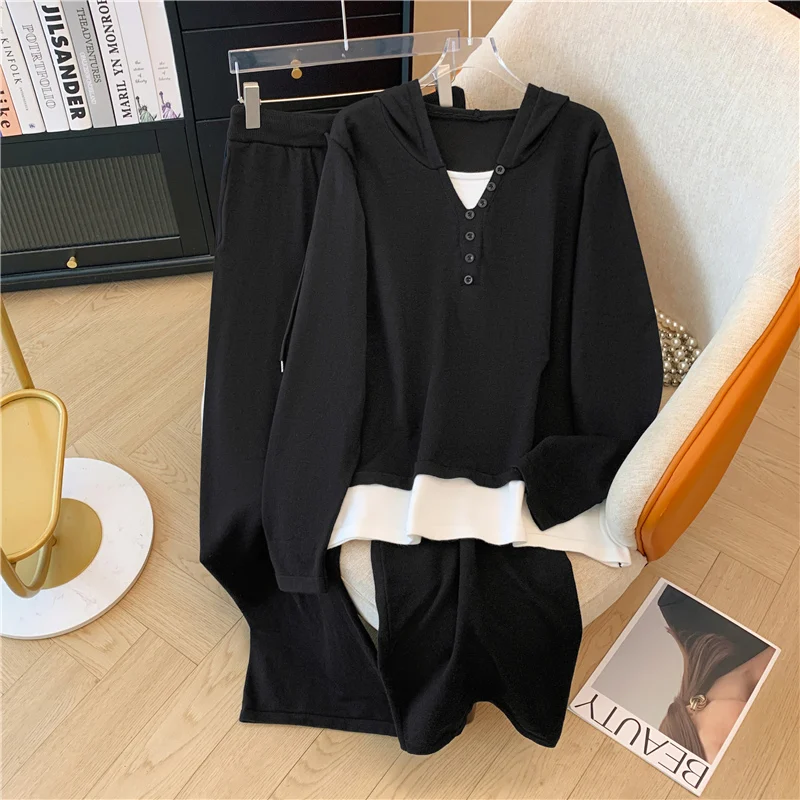 Модный женский костюм в Корейском стиле свободный вязаный топ с капюшоном