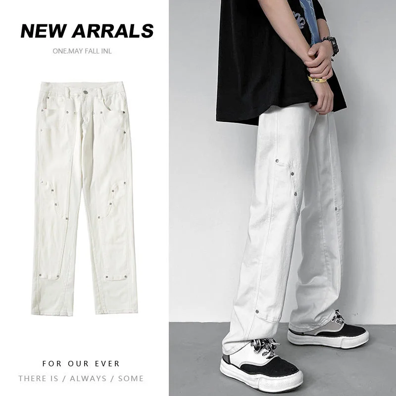 S-5XLWhite/Black Jeans Men Slim Fashion Casual Straight Jeans Mens Japanese Streetwear Hip Hop Denim Pants Mens Large Size