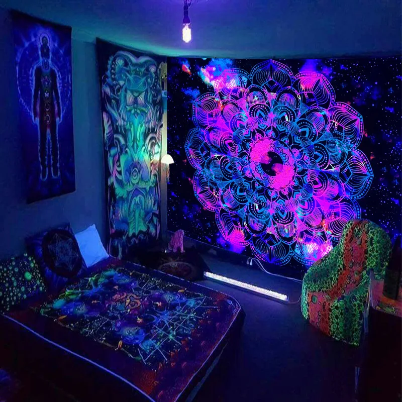 

Black Light Tapestry UV Reactive Psychedelic Mandala Wall Hanging Tapestry for Bedroom Dorm Indie Room Decor