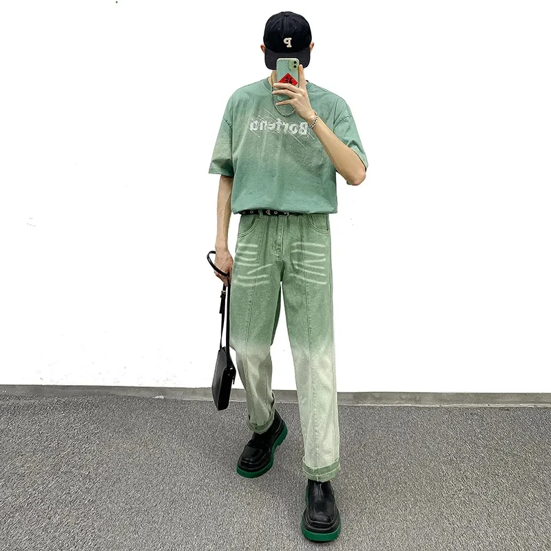 New Men'S Jeans Ins Street Tie-Dye Gradient Green Straight Loose Jeans Men'S And Women'S Casual Trousers Hot Sale Men Clothing