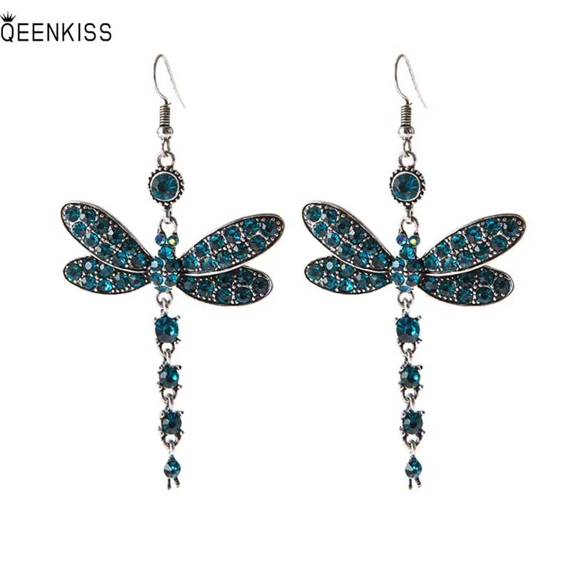

QEENKISS EG6284 Fine Jewelry Wholesale Fashion Woman Girl Birthday Wedding Dragonfly AAA Zircon Antique Silver Drop Earrings