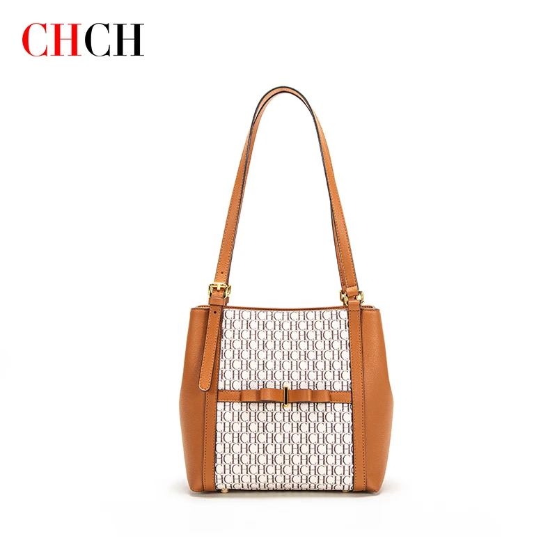 CHCH Female Handbag Fashion Retro Large Capacity Top Office Split Leather Shoulder Bags Wide Strap Commuter Bag for Lady