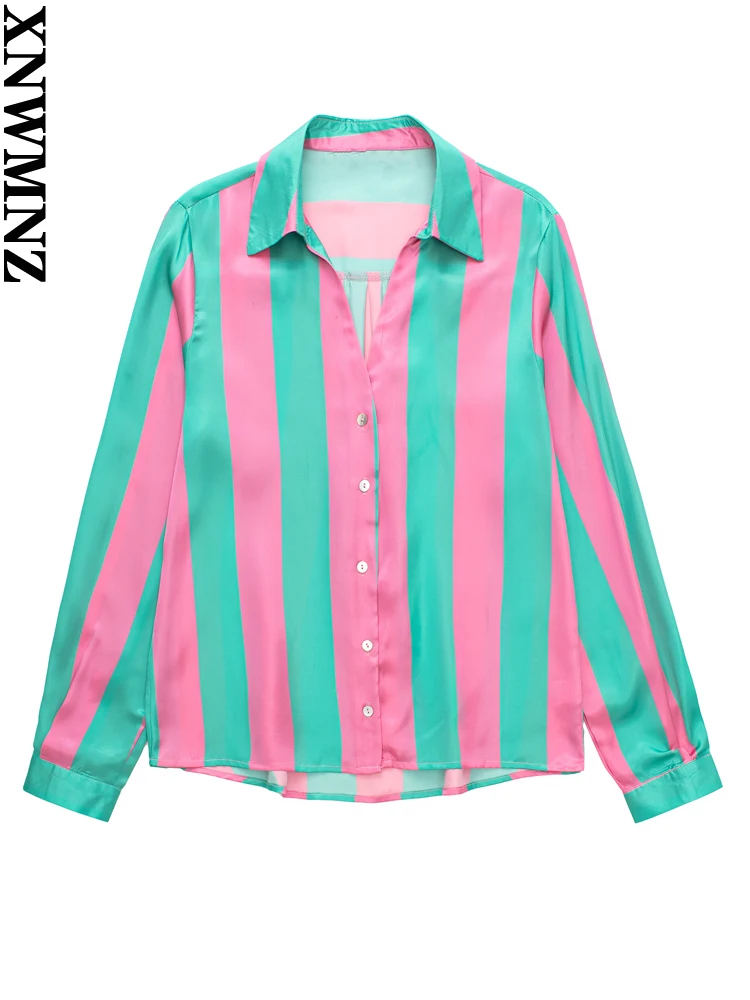 

XNWMNZ Summer Fashion women satin oversize shirt Women's Vintage collared v-neck Long Sleeve Buttoned Loose Shirts women blouse