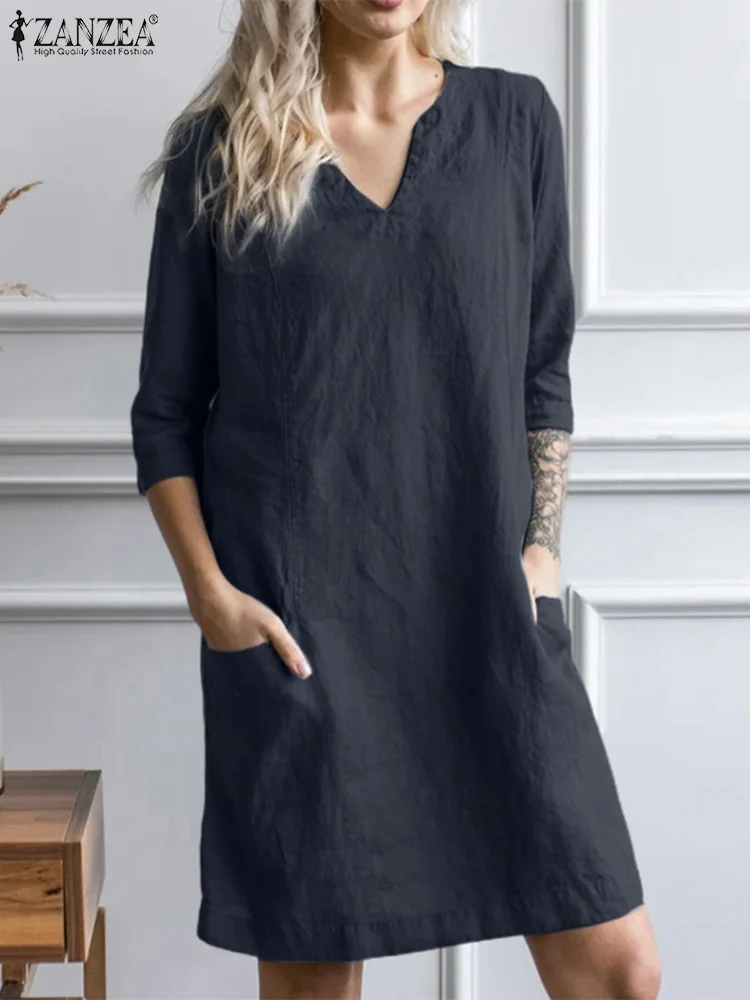 

2023 ZANZEA Fashion OL Work Sundress Femme V-Neck 3/4 Sleeve Pure Cotton Dress Summer Holiday Midi Dresses Woman Elegant Vestido