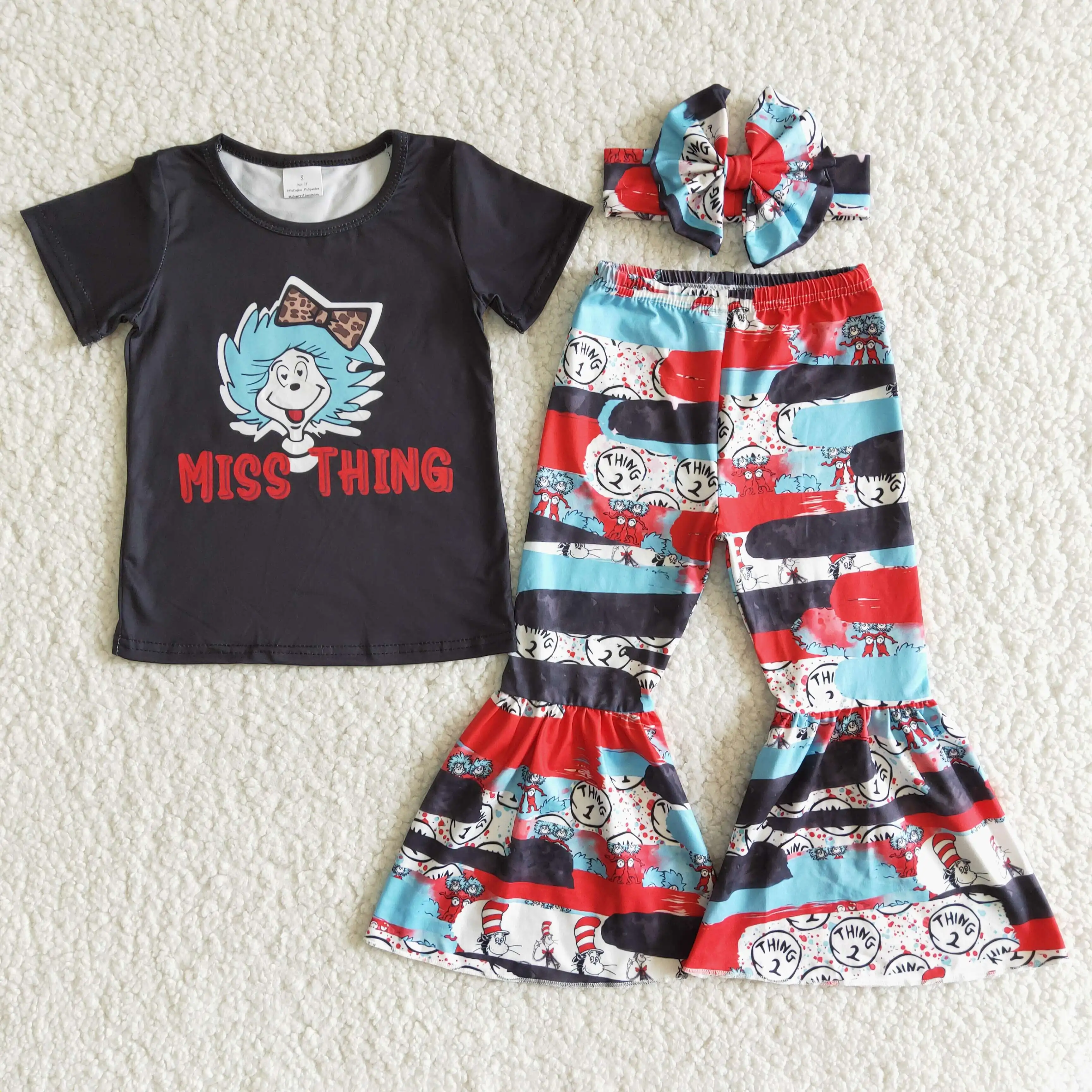 

Boutique girl kids clothing sets cute letter printing short sleeves shirt bell pants and bow three piece new kids clothing set