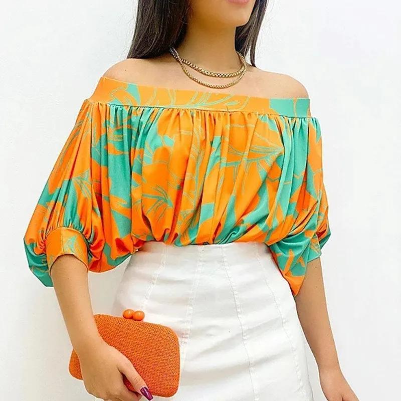 Sexy Off Shoulder Batwing Sleeve Print Shirt Blouse Women Casual Loose Flods For 2025 Fashion New Office Elegant Top