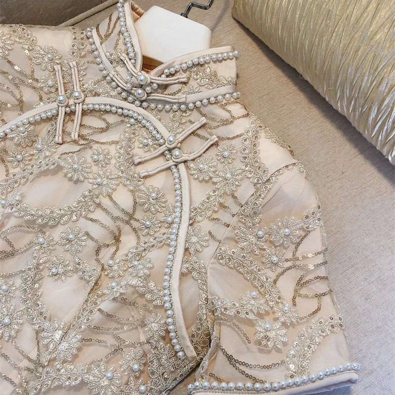 

Retro improved cheongsam Chinese embroidery dress beading women's spring and summer new elegant high-end streetwear aesthetic