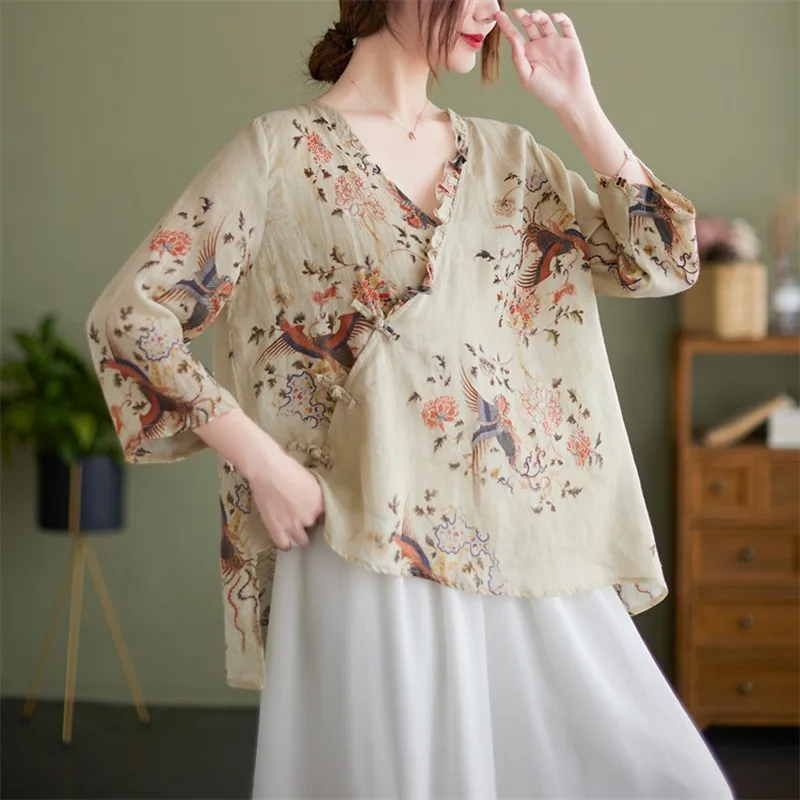 

2022 New Arrival Summer Women All-matched V-neck Three Quarter Sleeve Casual Blouse Floral Print Loose Cotton Linen Shirts V143