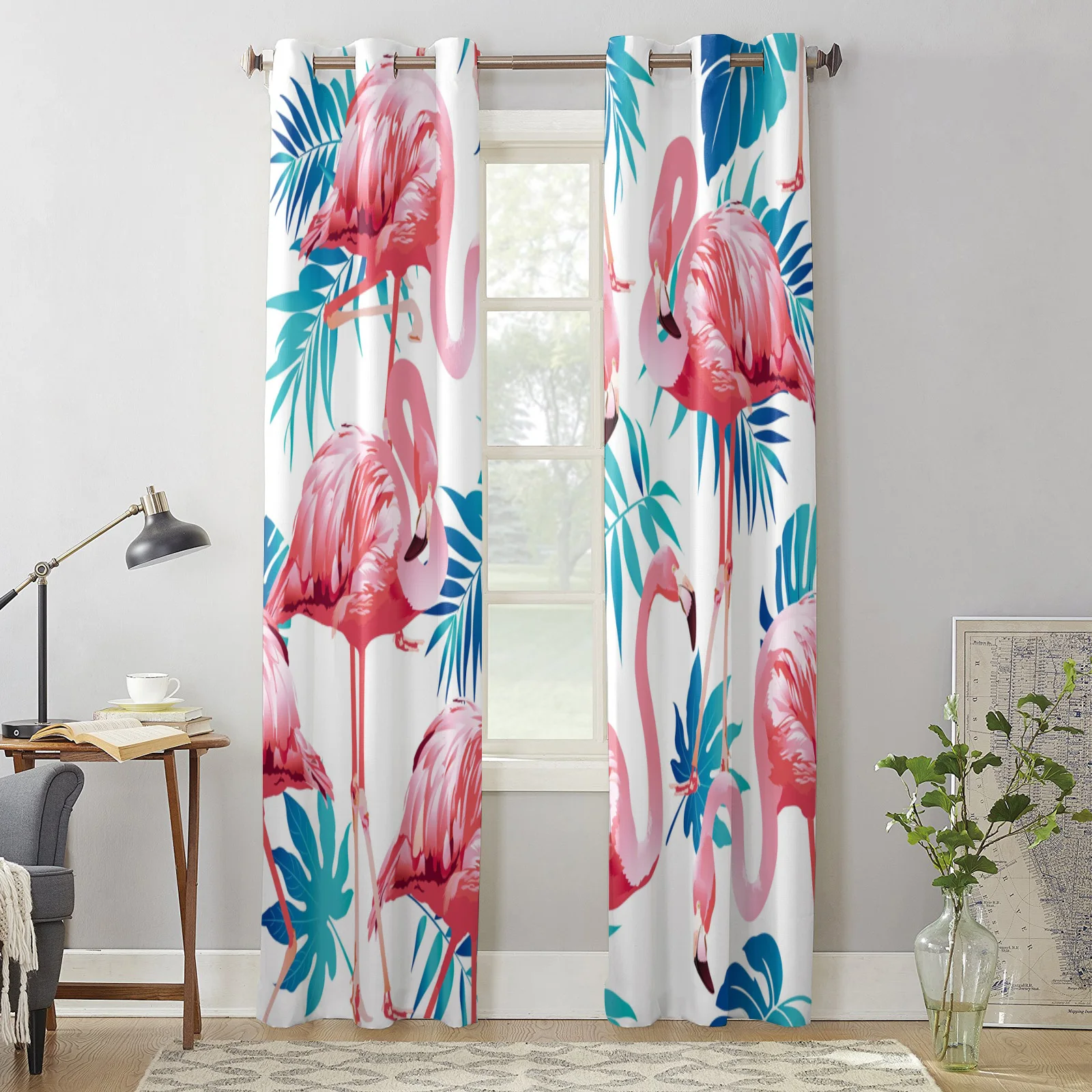 Занавески для спальни и кухни декоративные шторы на окна с розовыми фламинго