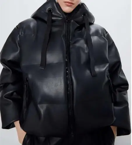 Casual Fashion Imitation Leather Cotton Jacket Women 2023 Winter New Solid Color All-match Hooded Cotton Coat