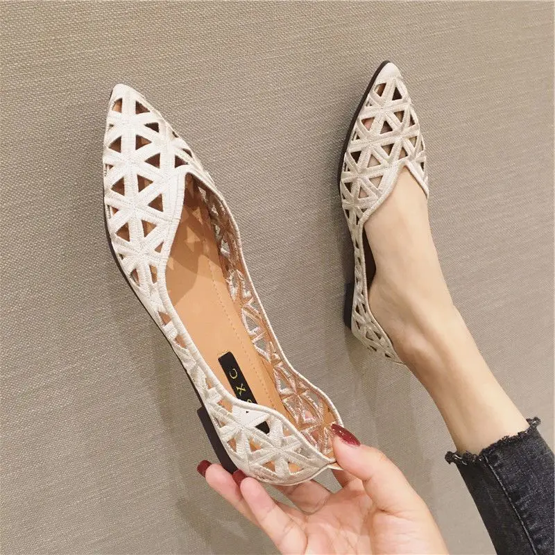 Flat Shoes Women 2023 Summer Pointy Joker Hollow Leisure Commuter Flat Spring Shoes Elegant Women's Shoes Breathable Hole Shoes