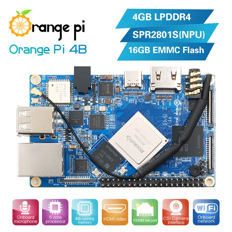 Плата с открытым исходным кодом Orange Pi 4B Rockchip RK3399 16 Гб EMMC NPU SPR2801S Поддержка Android 8