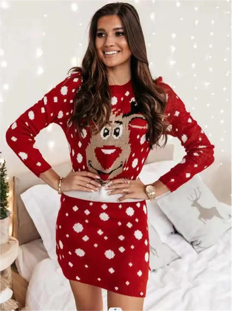 

2022 New Women's Casual Christmas Printed Long Sleeve Dress Ladies Round Neck Pullover Mini Pencil Dresses Festive Dress Femme