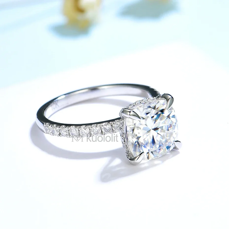 Женские кольца kuolit 3CT Moissanite 585 14K 10K из белого золота на подушке с сияющим разрезом