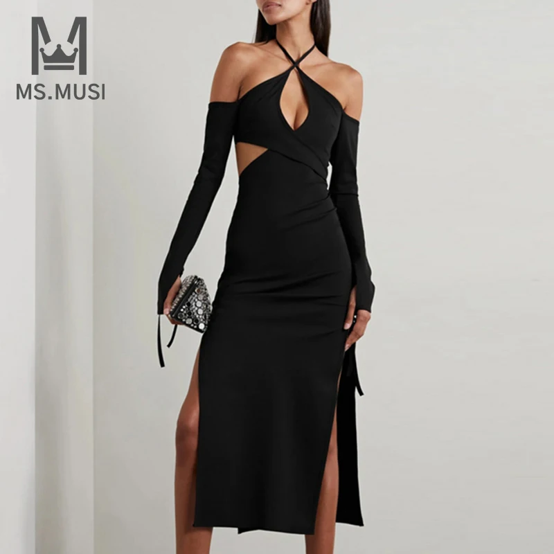 

Новинка 2023, модное женское пикантное облегающее платье-миди MSMUSI с открытыми плечами, длинным рукавом, шнуровкой и открытой спиной