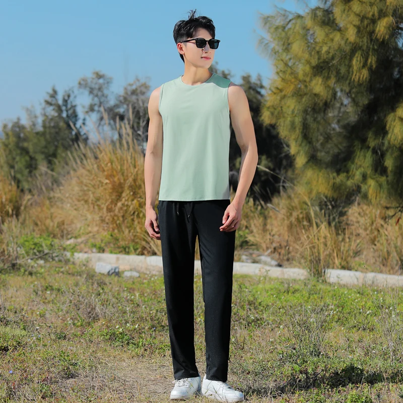 Men'S Running Fitness Summer Loose Ice Silk Quick Drying Sleeveless T-Shirt Pants Two Piece Male Basketball Tank Top Sports Set