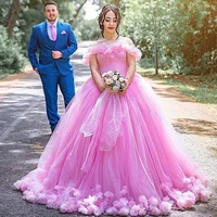 puffy tulle pink quinceanera dress 2022 off the shoulder 3d flowers pageant party princess sweet 15 ball gown with lace up back