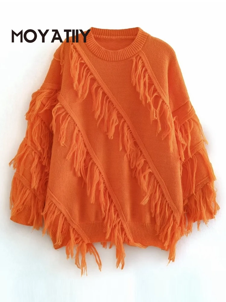 

MOYATIIY 2022 Winter Women Sweater Orange Tassel Oversized Chic Sweaters Pullovers Long Sleeve Ladies Knitted Jumper Tops