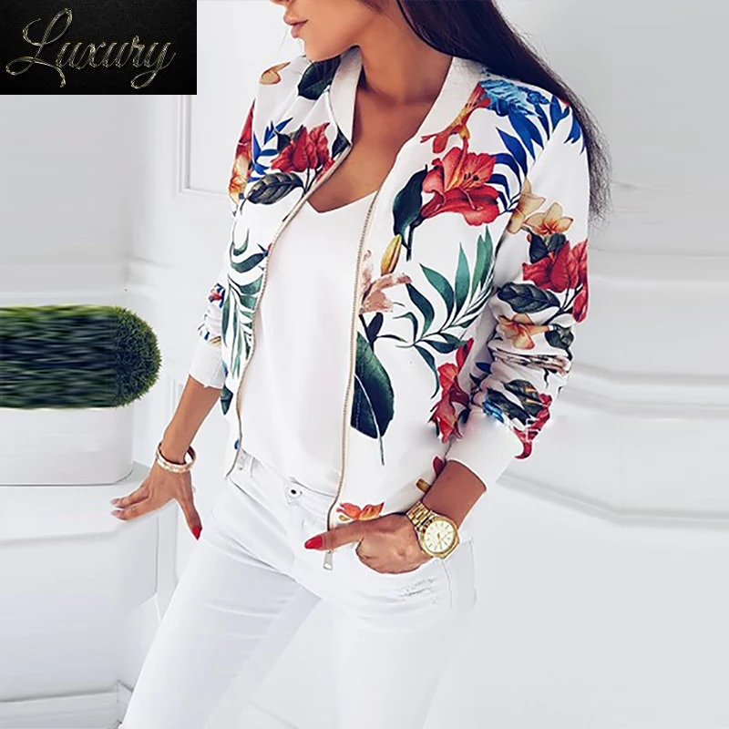 Women Jacket Fashion Ladies Retro Floral Zipper Up Bomber Casual Coat Autumn Spring Print Outwear Clothes