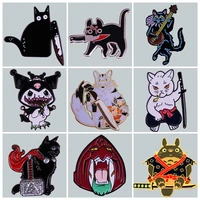 cartoon cat with samurai sword enamel brooch pin brooches lapel pins badge exquisite denim jacket jewelry accessories