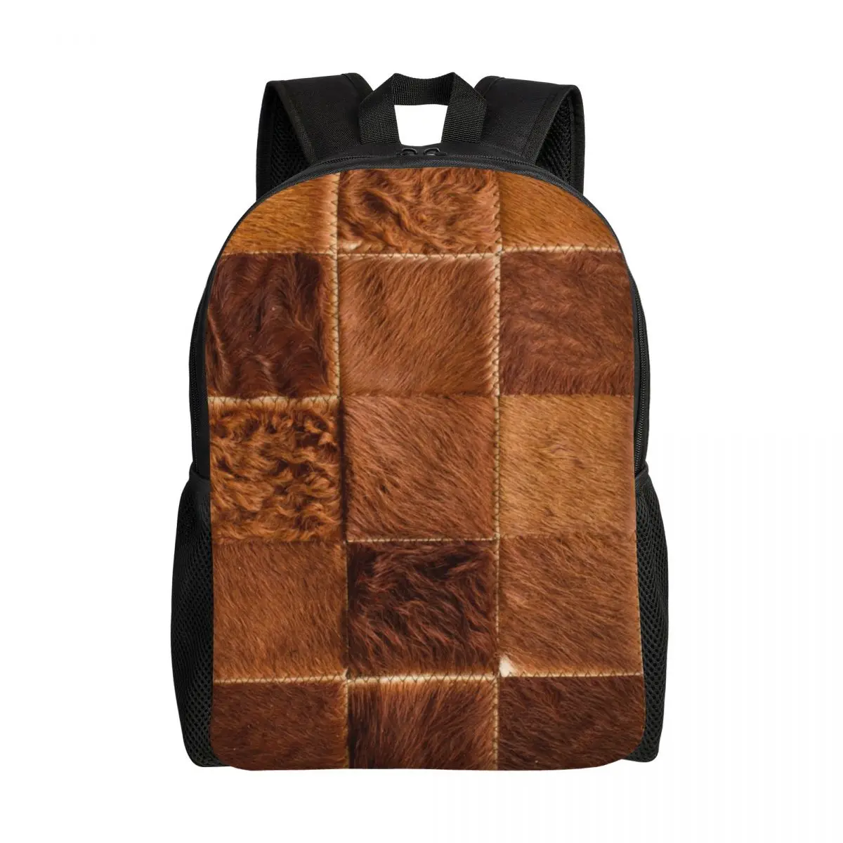 

Brown Checkered Cowhide Patche Backpack School College Students Bookbag Fits 15 Inch Laptop Cow Fur Leather Texture Bags