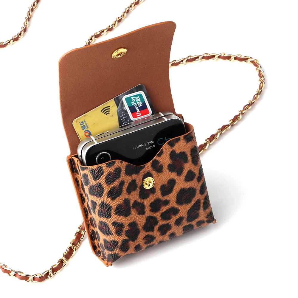 Crossbody Multifunctional Storage Ladies Leather Leopard Print for Samsung Z Flip3 Flip4 Pocket50 Universal Folding Phone Bag