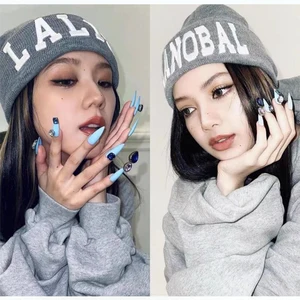 KPOP JISOO LISA LALISA MANOBAL Letter Embroidery Gray Hat Knitted Autumn Winter Tide Brand Wool Hat  in India