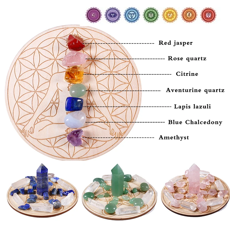 

7pcs/set Natural Crystal Stone Cube Mixed Seven Chakra Healing Stone Seven Star Array Wood Plate Cube Healing Crystal Gemstone