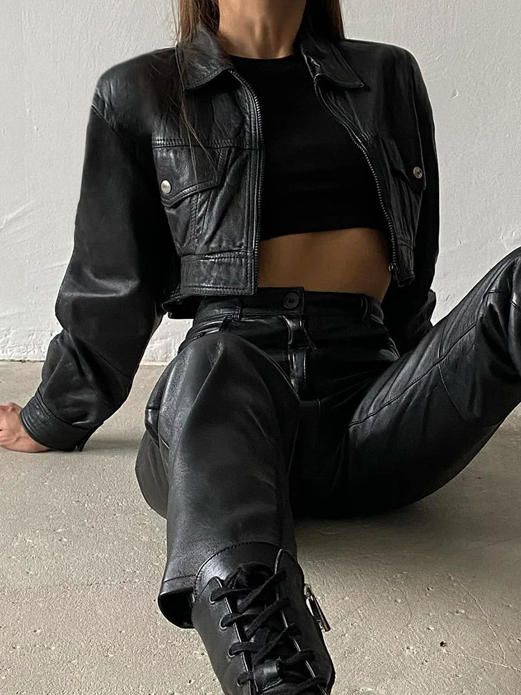 IAMSURE Casual Streetwear Pu Leather Cropped Jackets Autumn Zipper Turn-Down Collar Long Sleeve Coats Women 2022 Streetwear