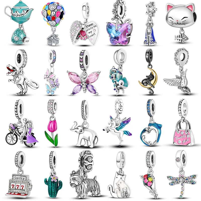 Подвеска-шарм женская из серебра 925 пробы с котом и бабочкой