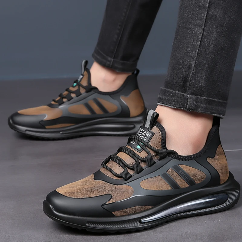 Men Leather Sneakers Trend Running Shoe Italian Breathable Male Non-Slip Footwears Vulcanized Outdoor Sport Hiking Walking Shoes