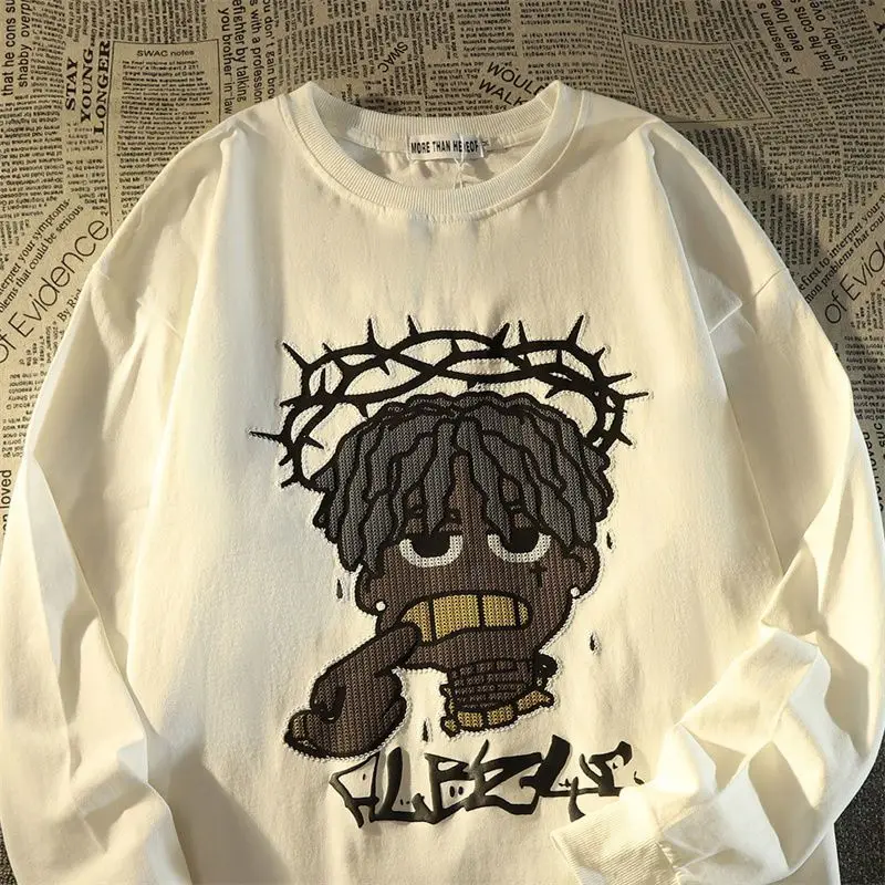 

American street trend retro personalized printed round neck sweater for men and women loose fitting casual couple long sleeves