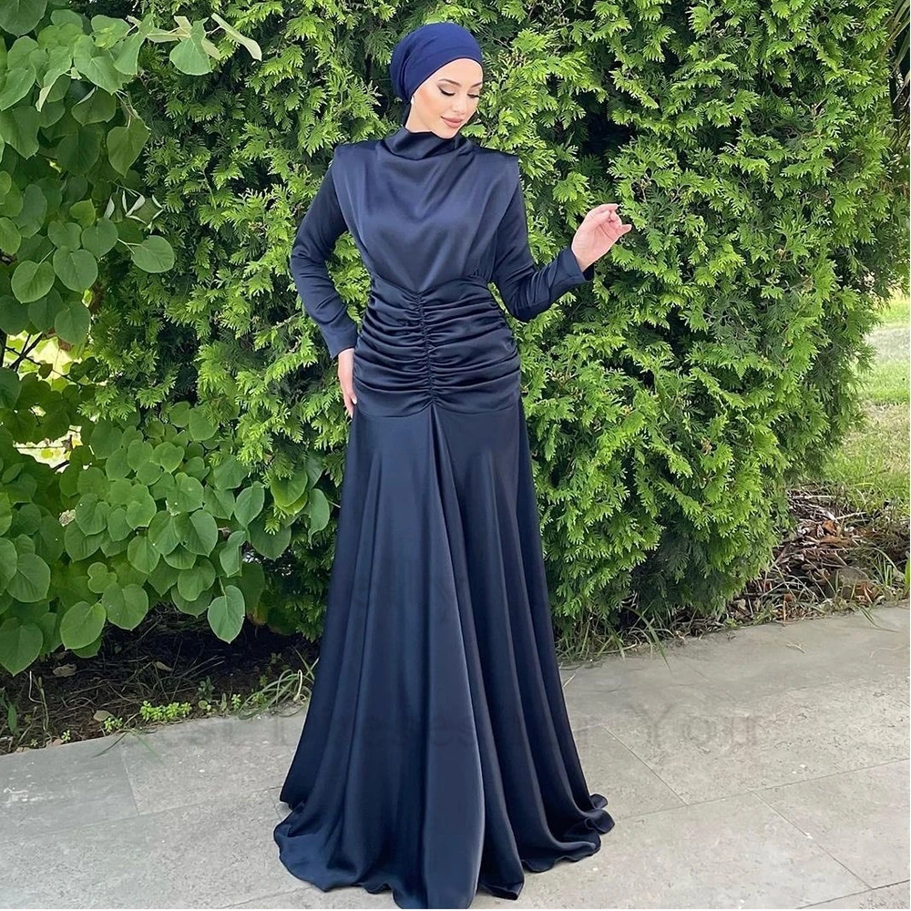 

Navy Blue High Neck Satin Evening Dresses for Women Pleat Full Sleeve Mermaid Prom Gowns 2023 Summer Vestido De Noche