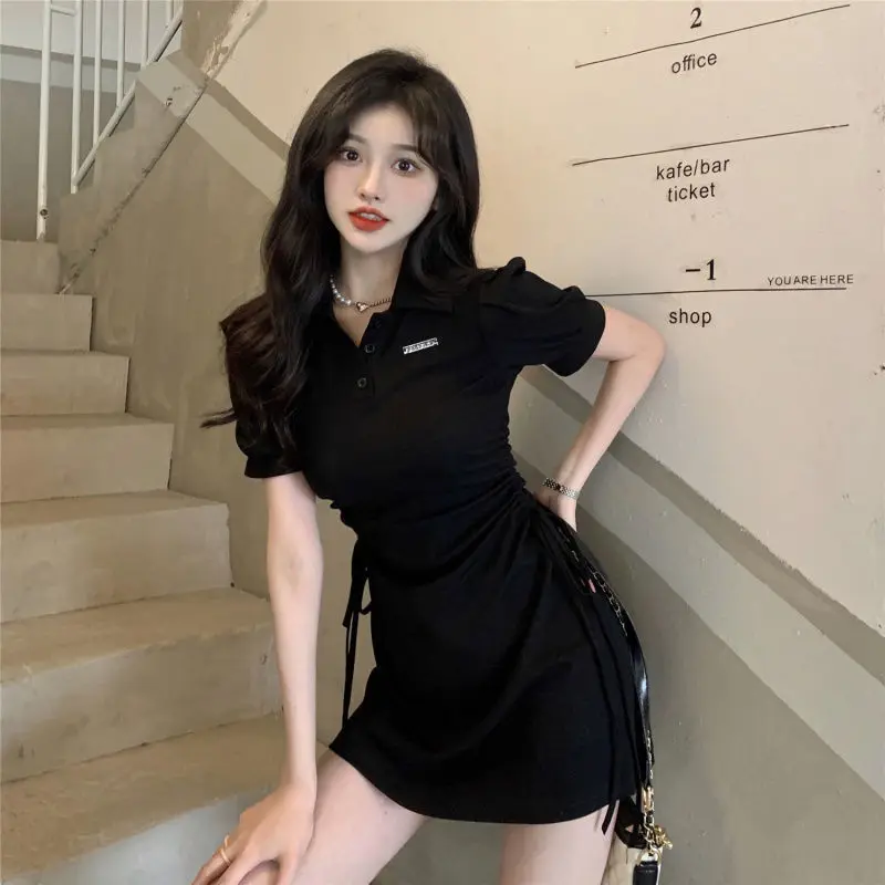 

Korean version of the collar drawstring wrinkled temperament waist slimming dress small sweet spicy wind short-sleeve skirt