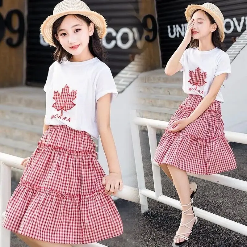 

Girls Summer Suits 2022 New Children's Primary and Secondary School Skirt 2 Piece Set Girls Dresses Short Sleeves 12 Years Old