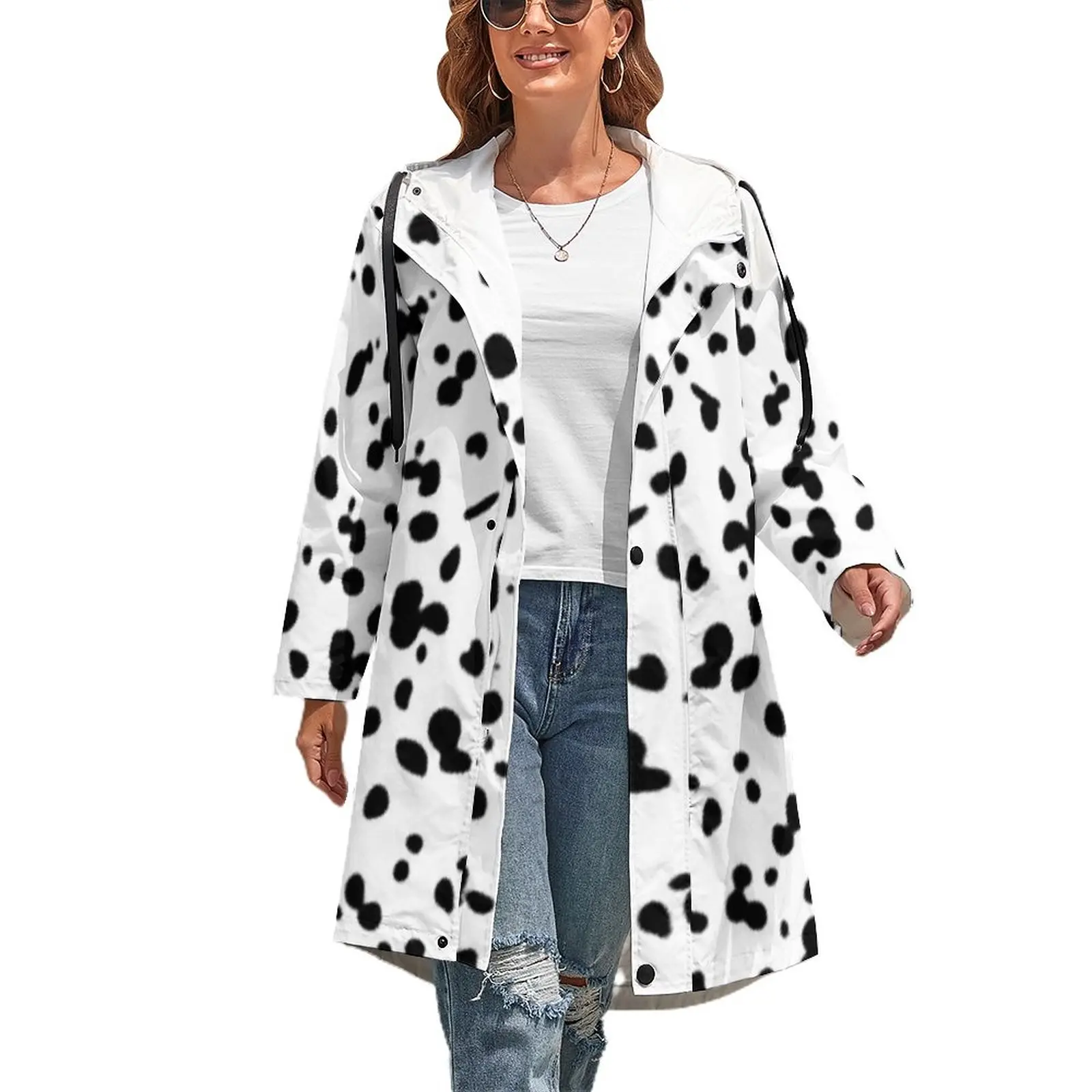 

Женское осеннее пальто Spot The Dog, черно-белое повседневное уличное пальто с принтом, элегантные водонепроницаемые куртки большого размера 4XL ...