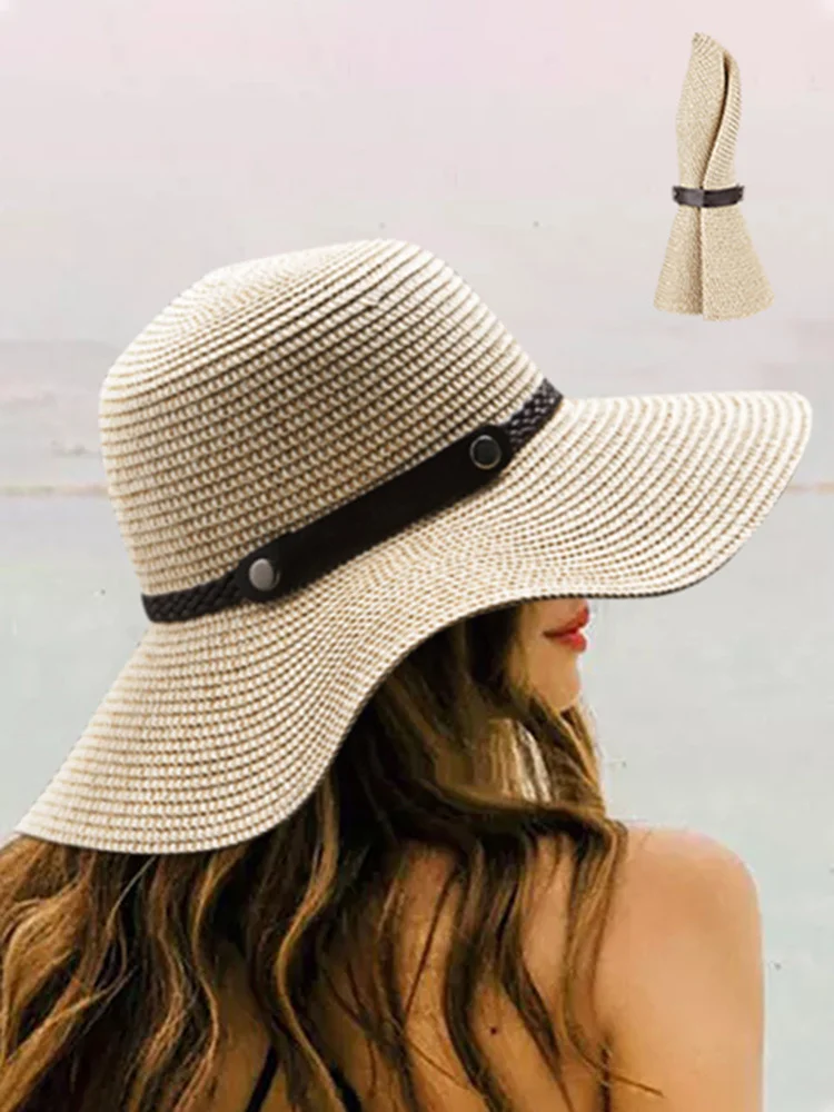 

Women's Straw Sun Hat Classic Flat Beach Hat Summer Sun Protection Cowboy Style Hat Rolled Up Packable Wide Brim Panama Hats