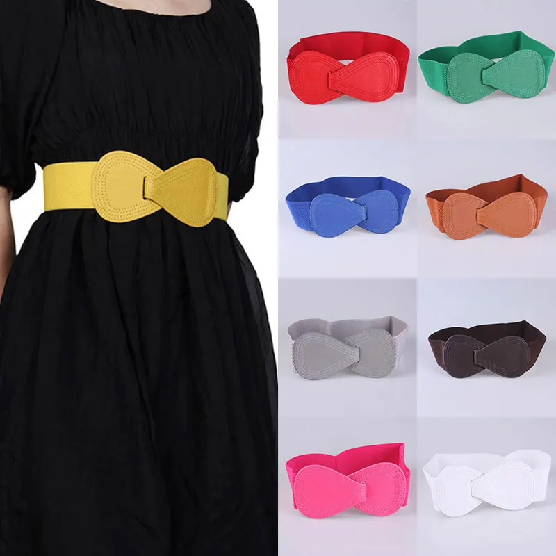 

2022 New Fashion Solid Color Bow Waistband Bowknot Wide Belt PU Leather Elastic Wide Hook Waist Corset Belt Red Black Stretch