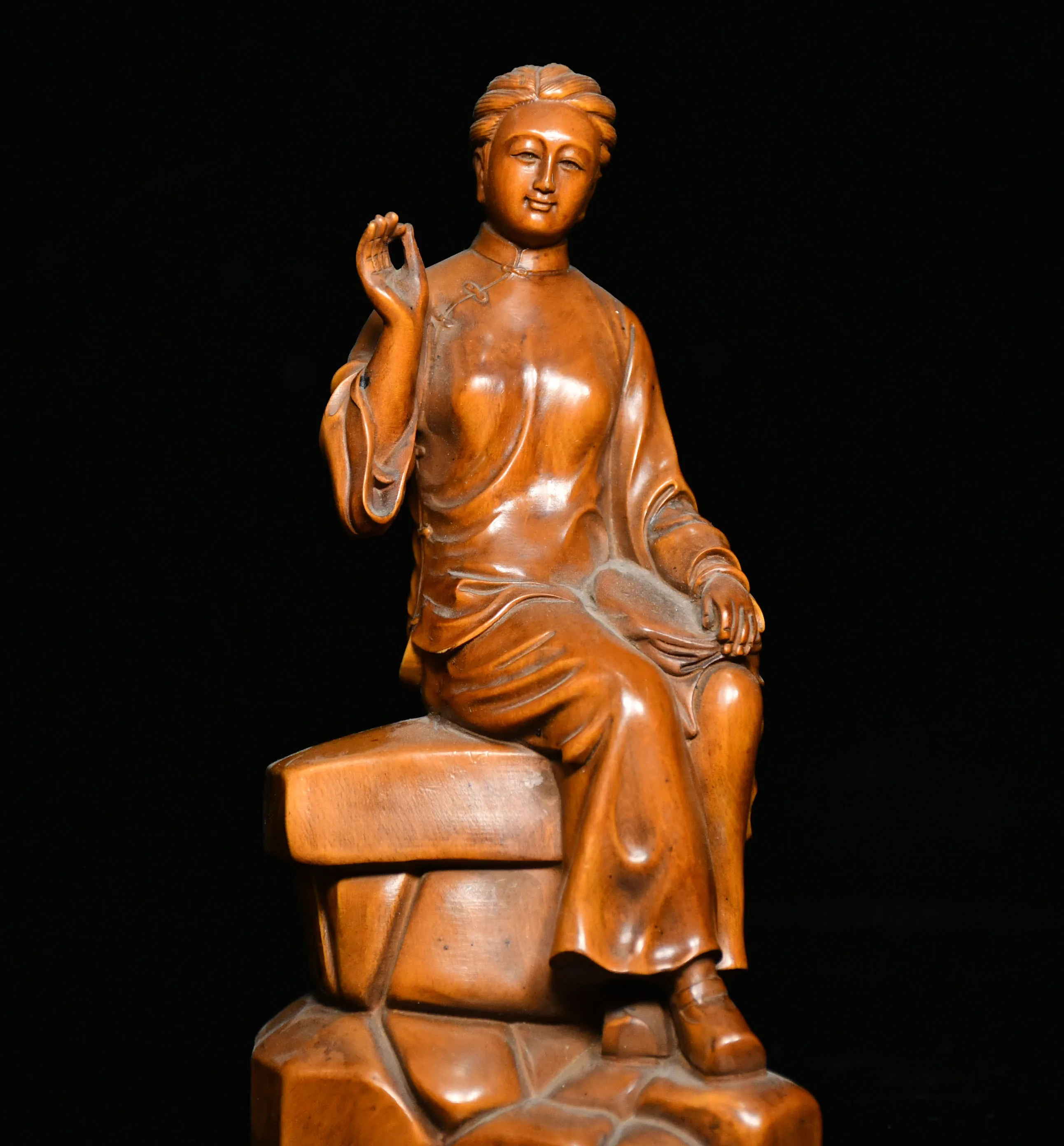 

6"Chinese Folk Collection Boxwood classic beauty old people image wisdom virtuous maid office ornament Town house