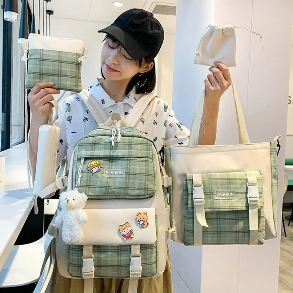 5Pcs/Set Large Capacity Cute Plaid Backpack Korean Style Adjustable Straps Cartoon Shoulder Bag Canvas Durable