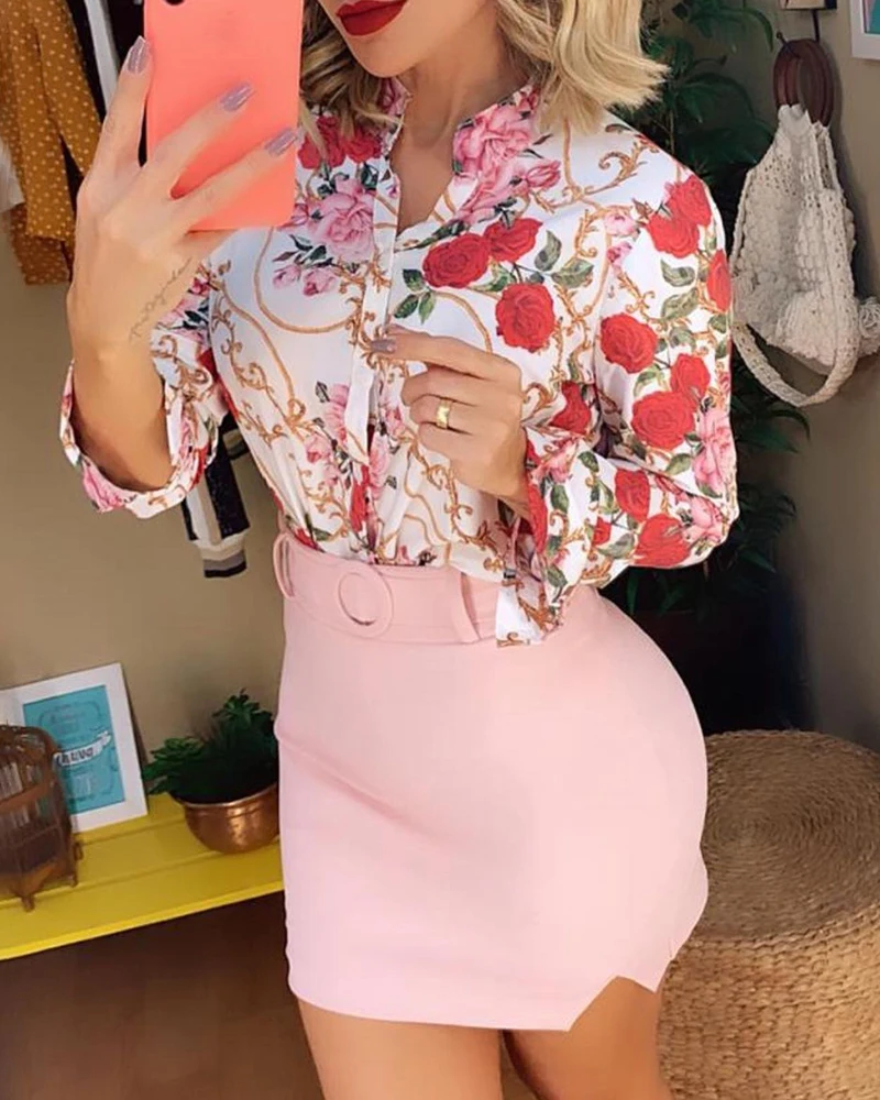 

Women Skirt Suit Pink Straight Belt Skirt Temperament Commuter Flower Print Lapel Long-sleeved Shirt Spring Autumn Two-piece Set