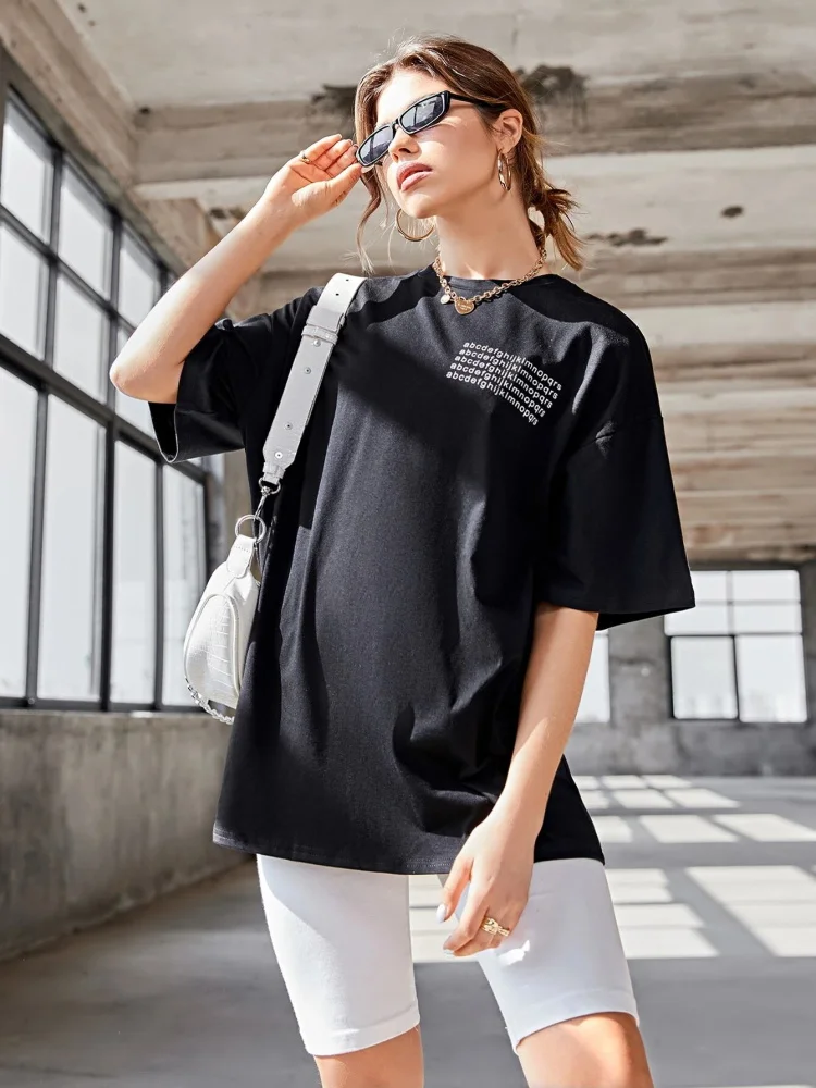 

Женская хлопковая Футболка оверсайз с коротким рукавом и круглым вырезом