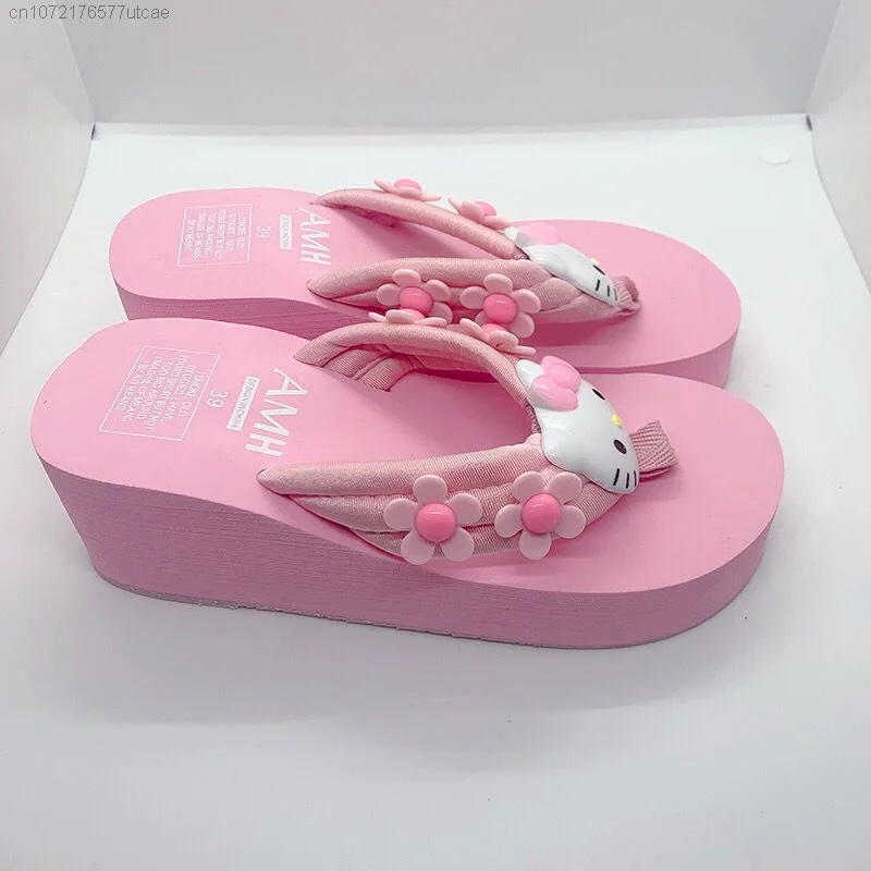 Sanrio Hello Kitty Trend Pink Flip Flops For Women Y2k Sweet Thick Sole Anti-slip Sandals Holiday Beach Slipper Casual Shoes