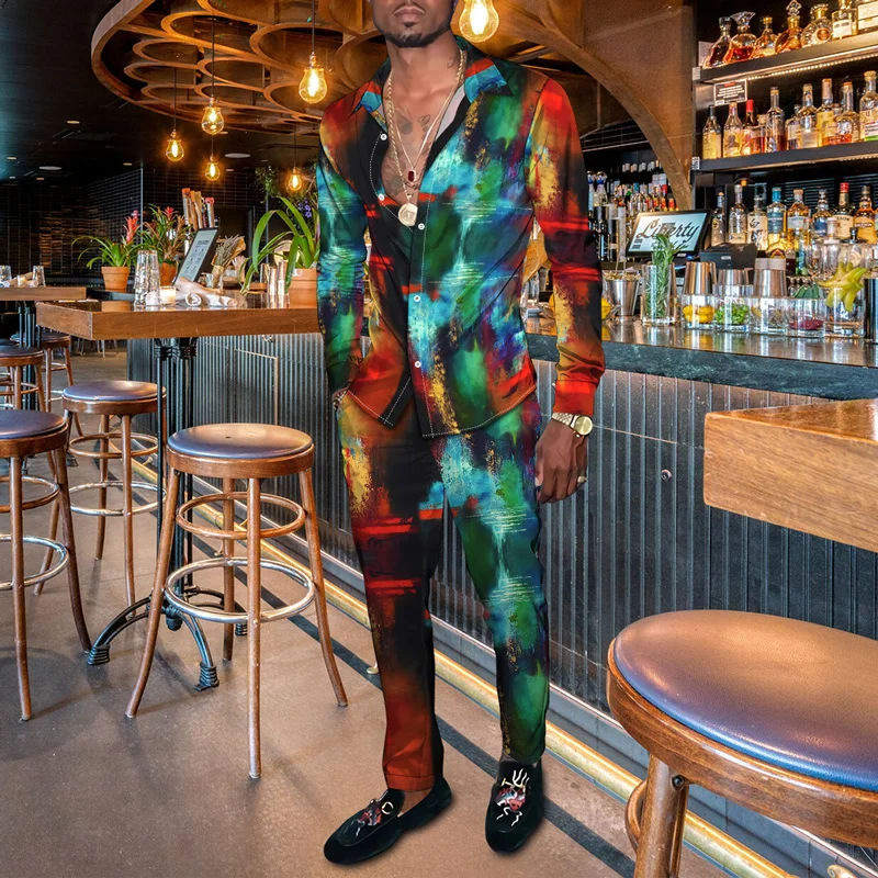 Spring Autumn Men Shirt + Pants 2 Piece Set Fashion Brand 3D Ink Dye Graph Suit Slacks European Size S-4XL Men's Clothing