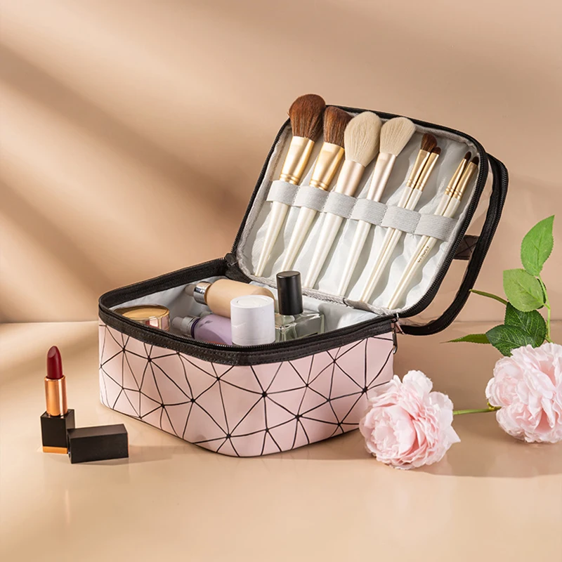 

Female PU Cosmetic Bag Lingge Portable Cosmetic Storage Bag Wash Bag PVC Double-layer Makeup Bag Beauty Case Travel Accessories