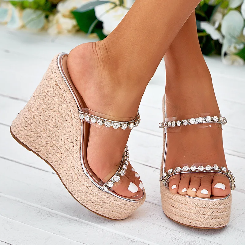 CRYSTAL Platform Wedges Slippers Summer Peep Toe Shoes Woman Sexy Super High Mules Sandal  Sandalias De Las Mujeres