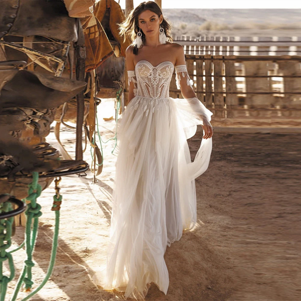 

Boho Tulle Sweetheart Wedding Dress Lace Appliques A-Line Off The Shoulder Lace-up Bridal Gowns Bohemian Floor Length Vestidos