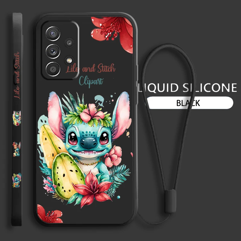 

Stitch Anime Cute For Samsung Galaxy A73 A54 A34 A53 A33 A52 A32 A22 A71 A51 A21S 4G 5G Liquid Left Rope Phone Case Coque Capa